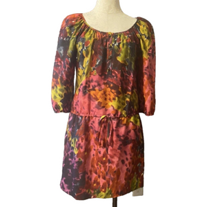 Trina Turk Silk Mulicolor Dropped Waist 3/4 Long Sleeve Dress 8 Medium
